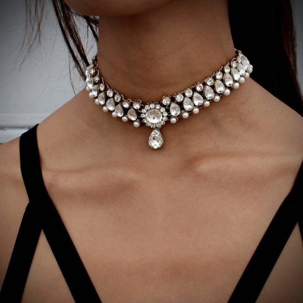 Silver Victorian Pearl Crystal Choker Pendant Collar Statement Bridal Necklace